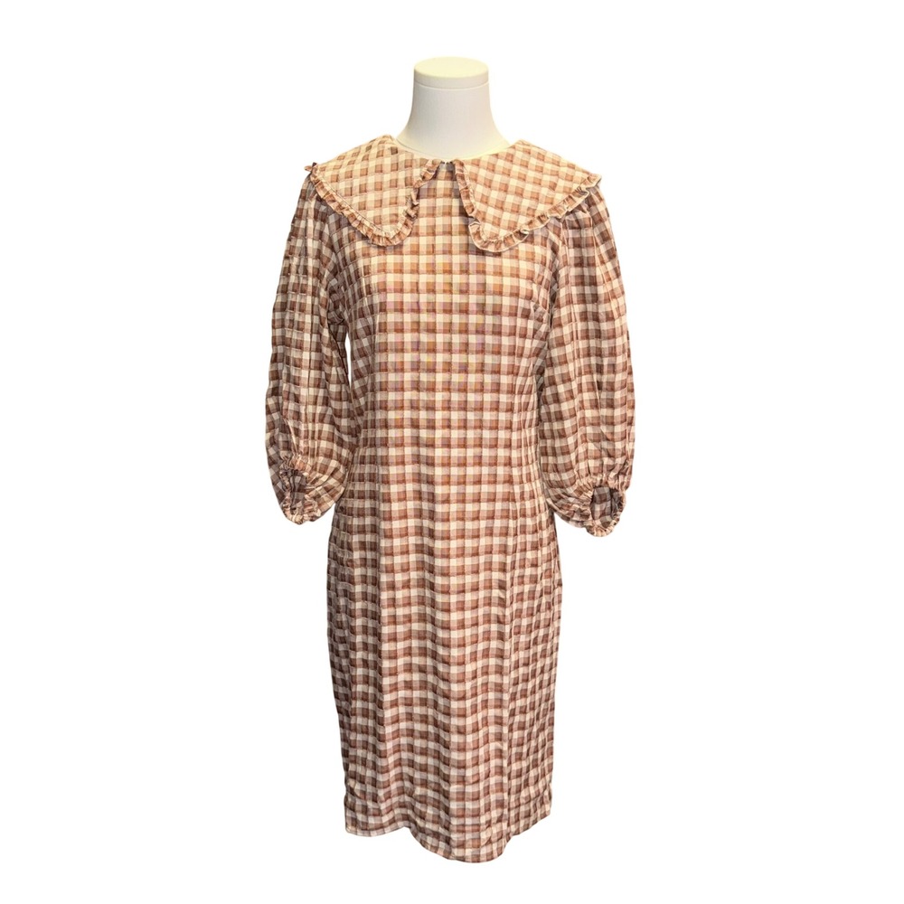 JessaKae Gingham Midi Dress Brown Cream Ruffle Peter Pan Collar Puff Sleeve S